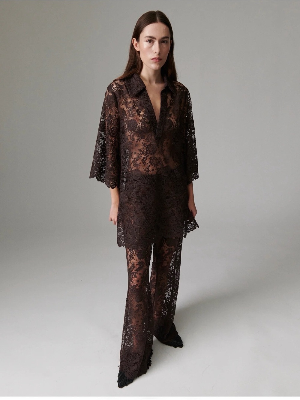 Day Birger et Mikkelsen Brown boho Lace Collared V-Neck long Blouse mid sleeve